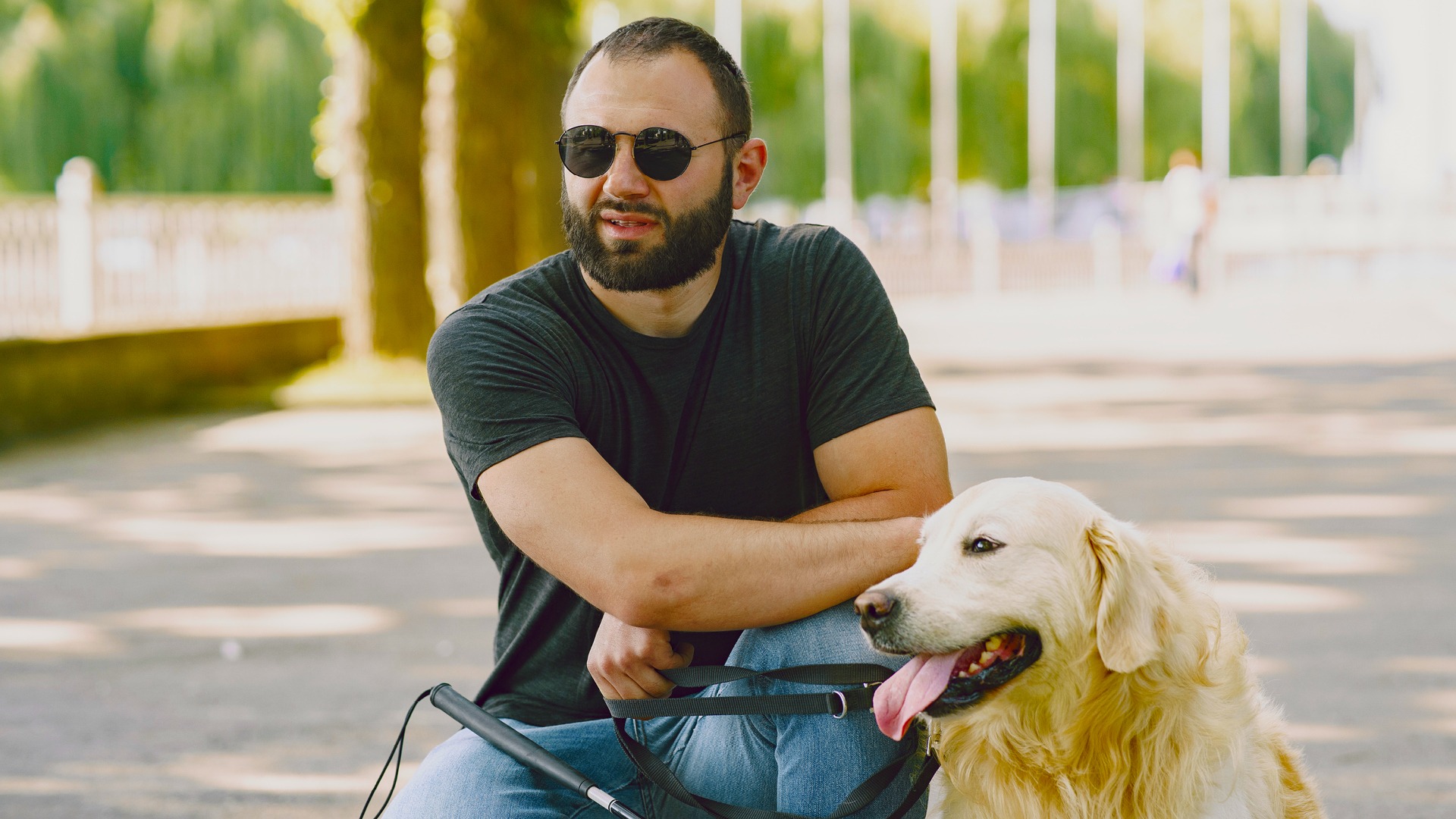 Man who is blind with his guide dog stopped in the park