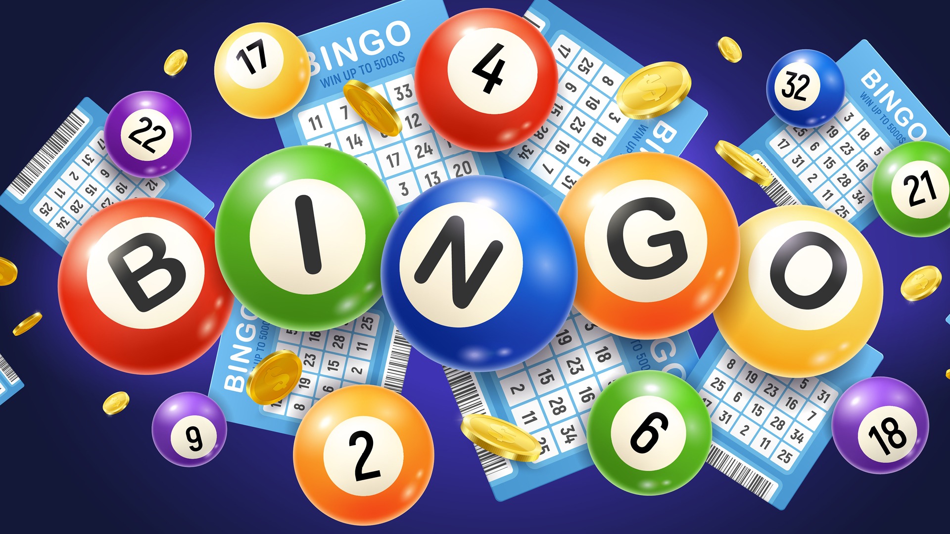 Bingo art consisting of multiple colored balls spelling "BINGO" in the foreground with bingo cards and balls in the background