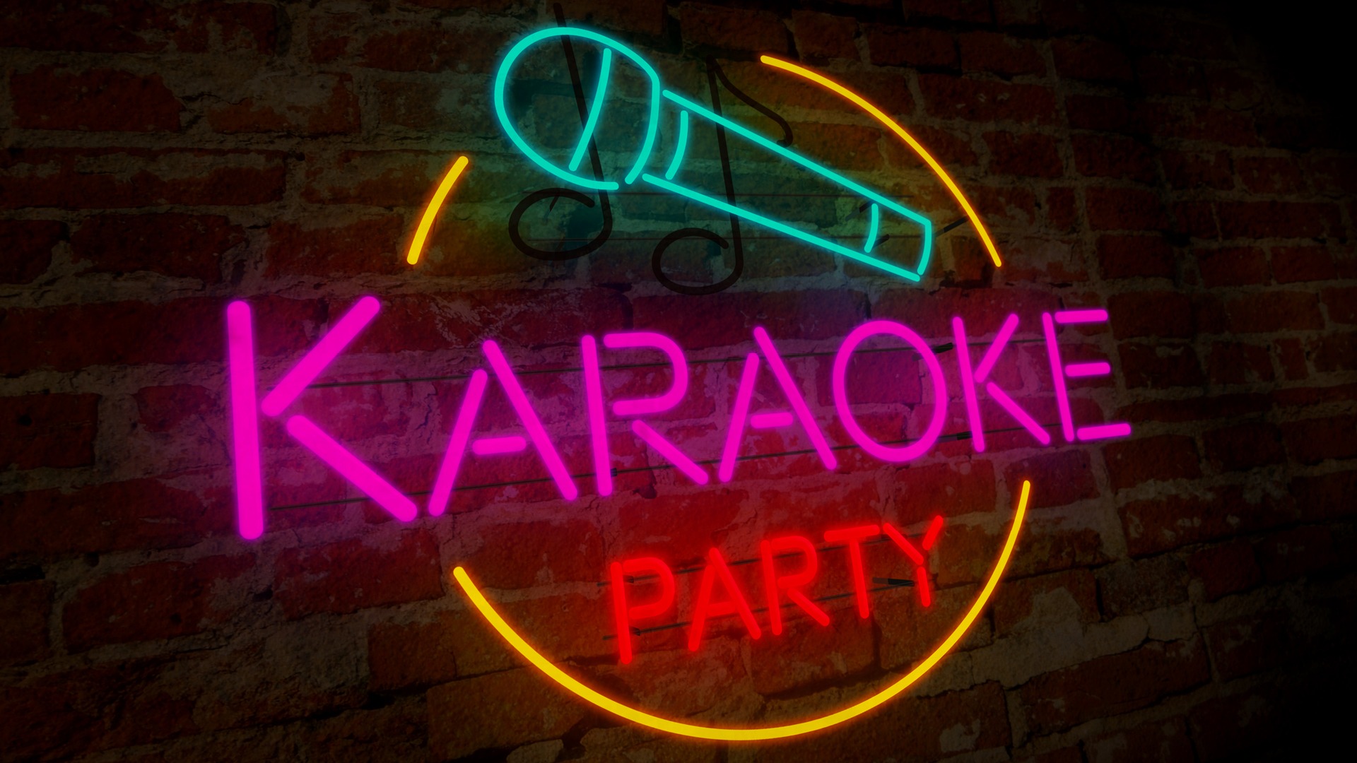 Neon Karaoke Party sign on a brick wall