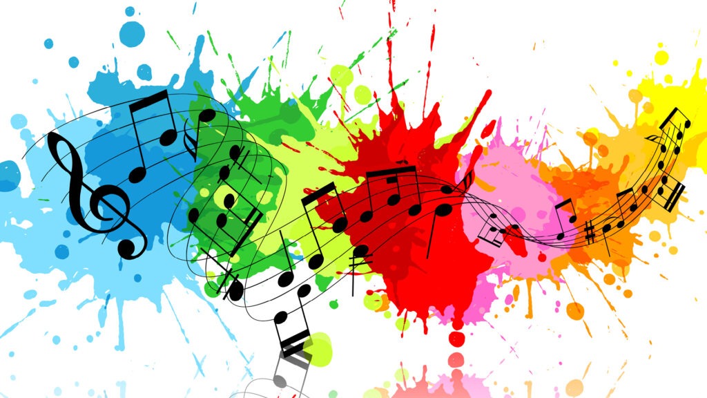 Illustration of colorful paint splatters on a white background overlaid with black music notes