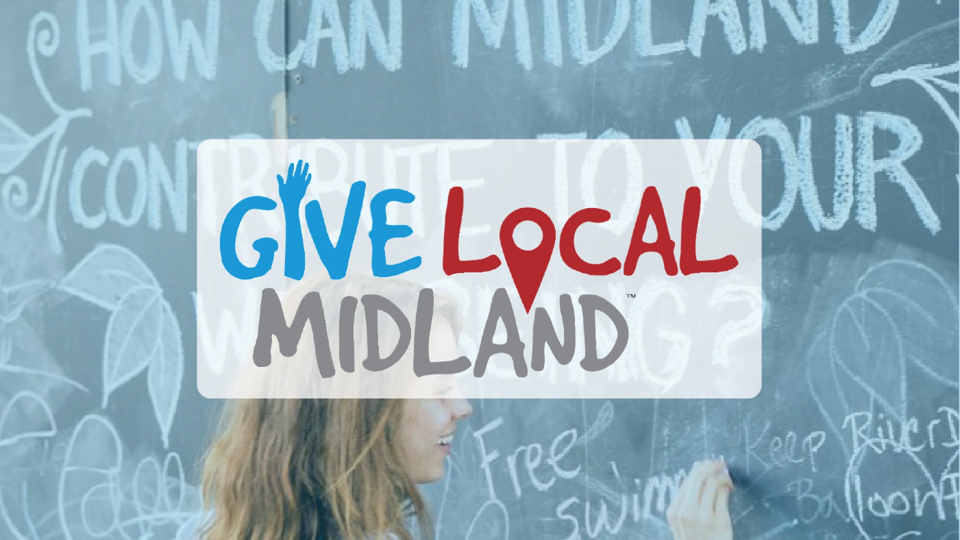 give local midland logo with young woman writing on wall with chalk in background