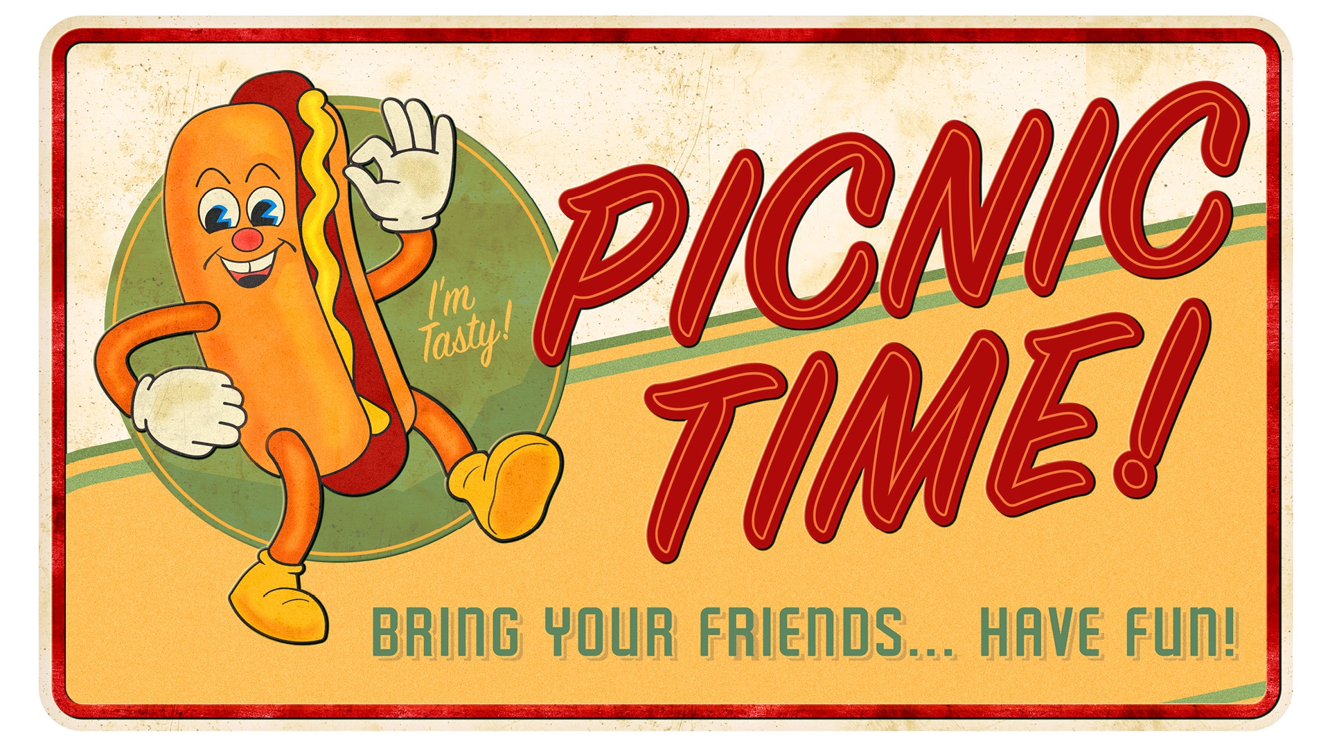 A vintage license plate with a 50s style dancing waving hot dog and the words PICNIC TIME