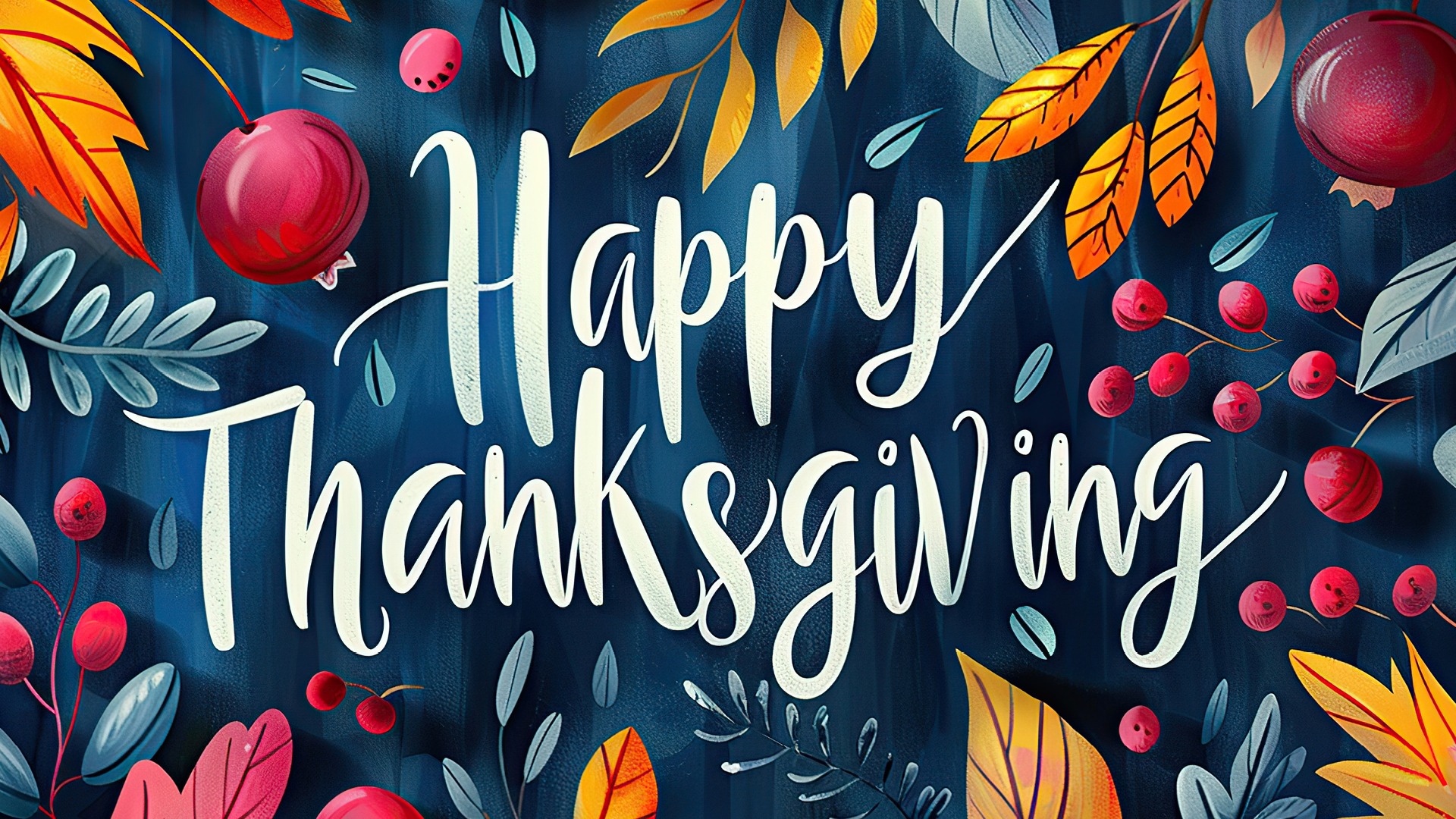 Happy Thanksgiving text on illustrated background of fall leaves